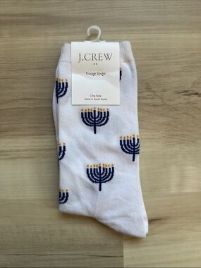 J. Crew White Dress Socks with Navy Menorahs and Gold Flames